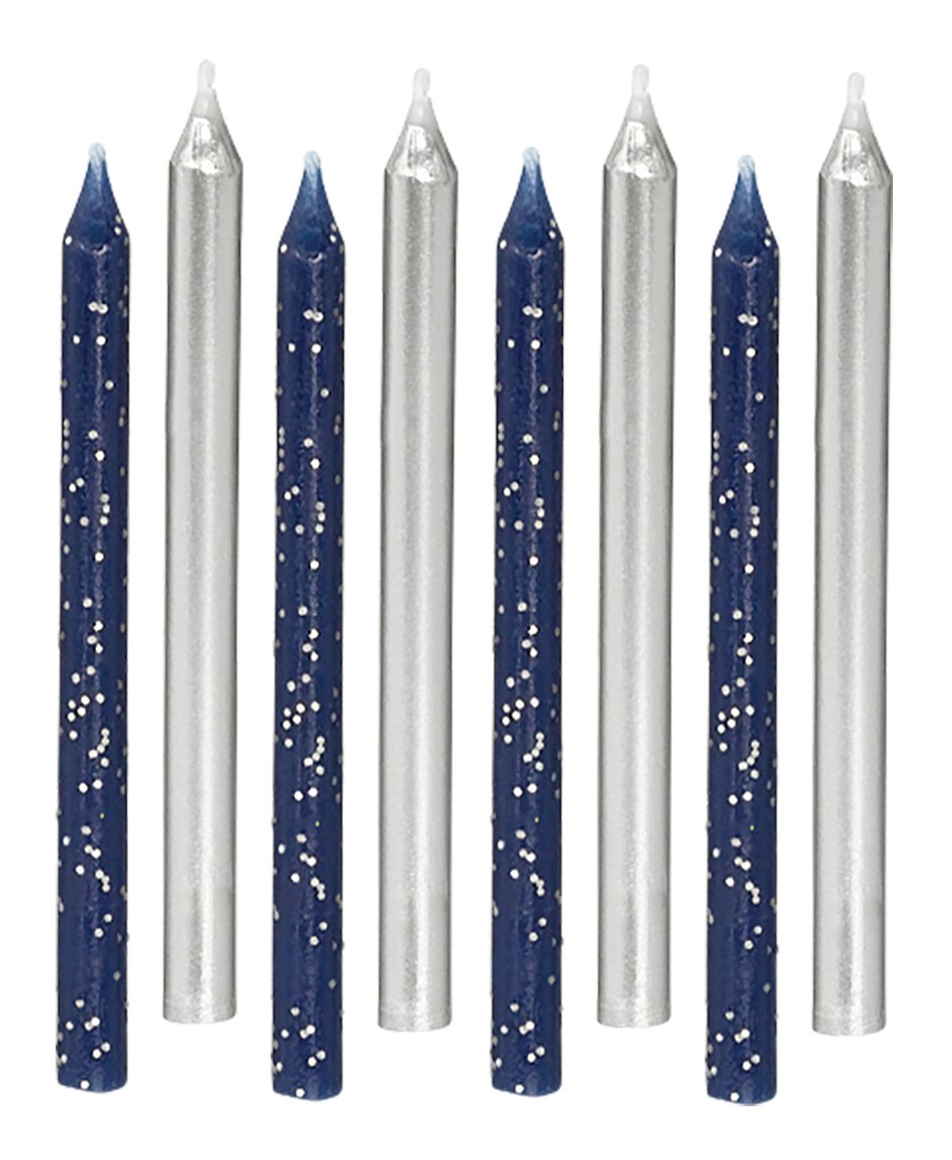 Metallic & Glitter Wax Candles, Silver/Dark Blue, 3.25-in, 12-pk, for Birthday Party Front_Flat