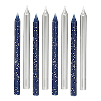 Metallic & Glitter Wax Candles, Silver/Dark Blue, 3.25-in, 12-pk, for Birthday Party Front_Flat