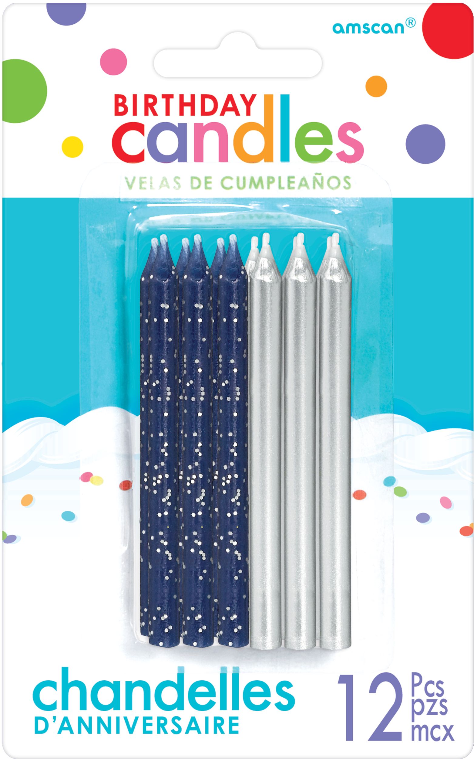 Metallic & Glitter Wax Candles, Silver/Dark Blue, 3.25-in, 12-pk, for Birthday Party Front_Flat