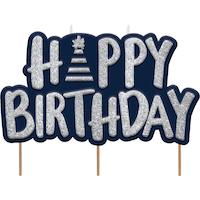 A Reason to Celebrate "Happy Birthday" Glitter Wax Candles, Blue/Silver, 3-in, for Birthday Party Front_Flat