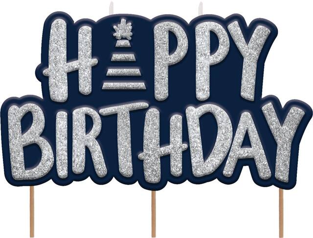 A Reason to Celebrate "Happy Birthday" Glitter Wax Candles, Blue/Silver, 3-in, for Birthday Party Front_Flat