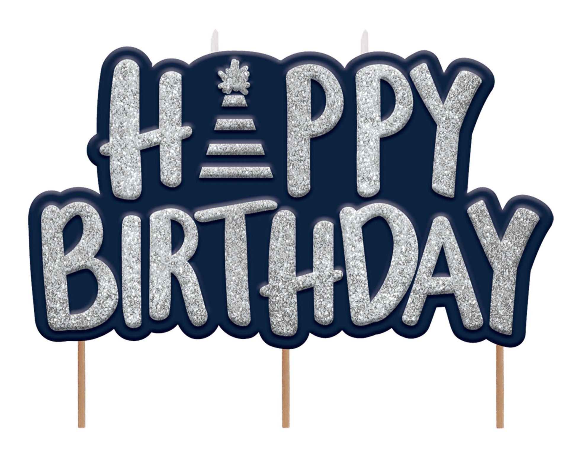 Bougies en cire scintillantes Une raison de célébrer Happy Birthday, bleu/argent, 3 po, paq. 15, pour fête d'anniversaire Front_Flat