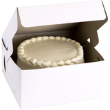 Square Cake Treat Party Box, White, 10-in, for Carrying Cake/Cupcakes/Cookies/Baked Goods Front_Angled_Right