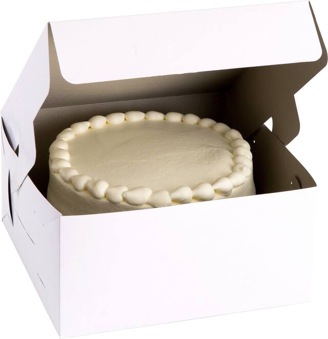 Square Cake Treat Party Box, White, 10-in, for Carrying Cake/Cupcakes/Cookies/Baked Goods Front_Angled_Right