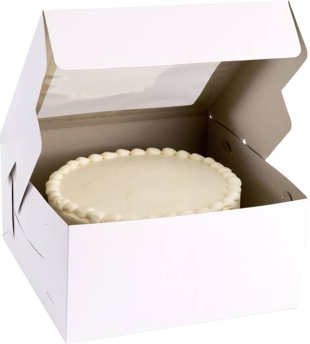 Square Window Cake Treat Party Box, White, 12-in, for Carrying Cake/Cupcakes/Cookies/Baked Goods Front_Angled_Right