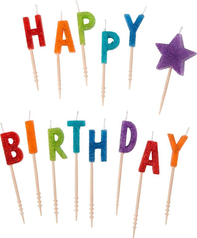 Glitter Multicolour Happy Birthday Toothpick Candle Set, 14-pc Front_Flat