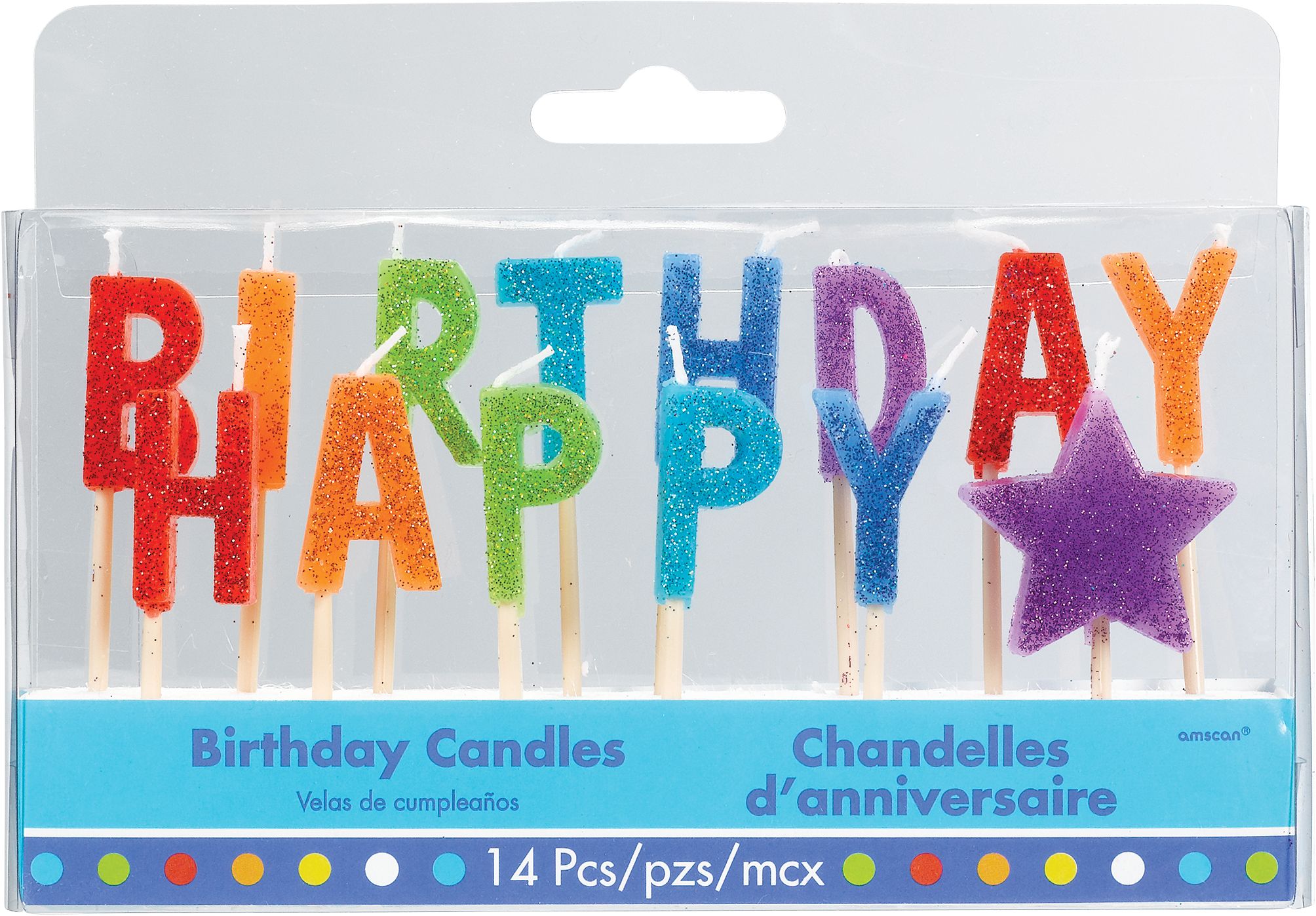 Glitter Multicolour Happy Birthday Toothpick Candle Set, 14-pc Front_Flat