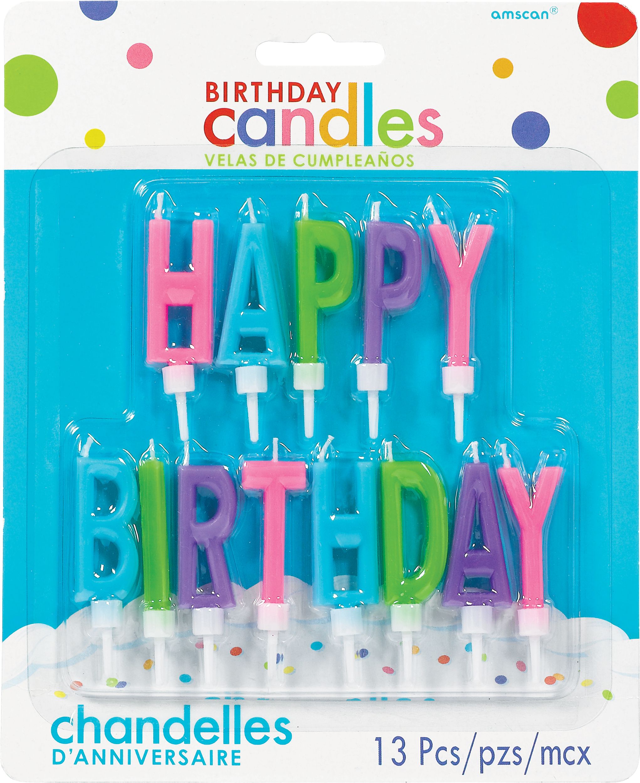 "Happy Birthday" Letter Toothpick Candles, Pink/Purple/Green/Blue, 3-in, 13-pk, for Birthday Party Front_Flat
