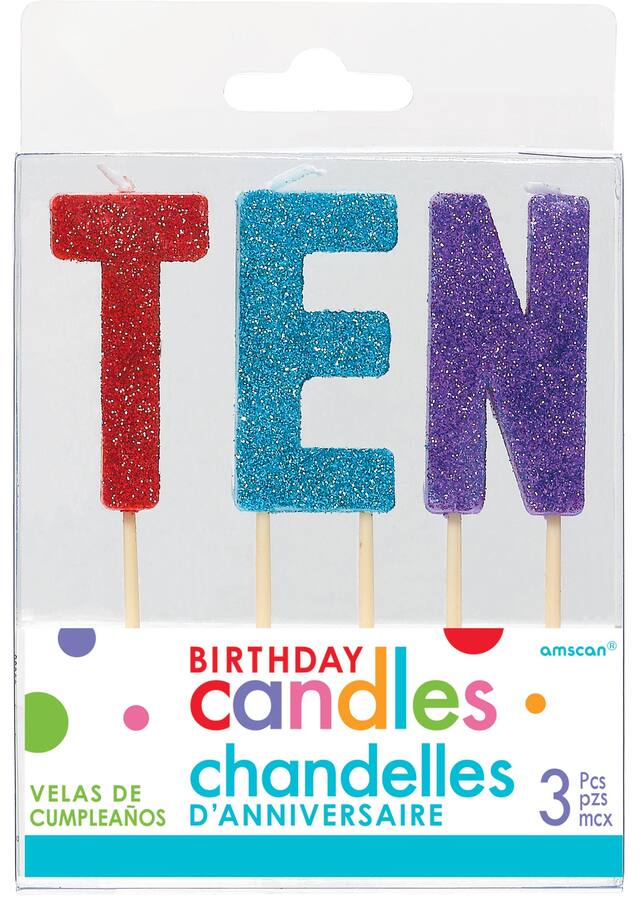 Glitter Multicolour Ten Birthday Toothpick Candle Set, 3-pc Front_Flat