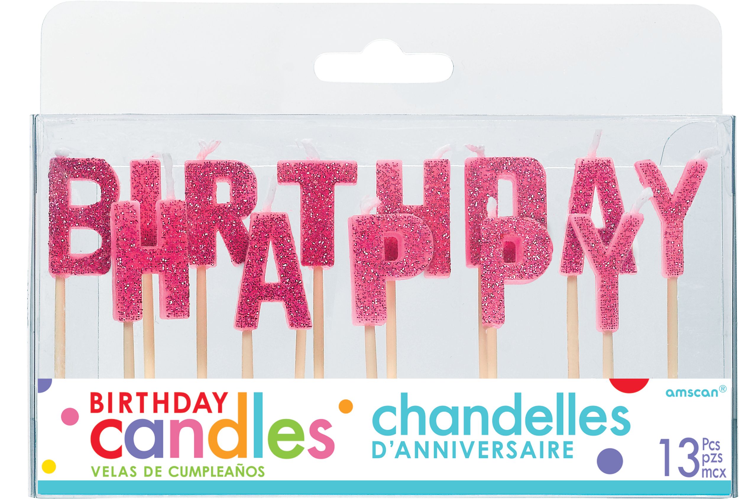 "Happy Birthday" Letter Glitter Toothpick Candles, Pink, 3-in, 13-pk, for Birthday Party Front_Flat