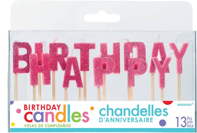 "Happy Birthday" Letter Glitter Toothpick Candles, Pink, 3-in, 13-pk, for Birthday Party Front_Flat