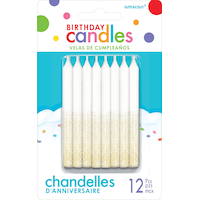 Glitter Ombre Wax Candles, White/Gold, 3.25-in, 12-pk, for Birthday Party Front_Flat