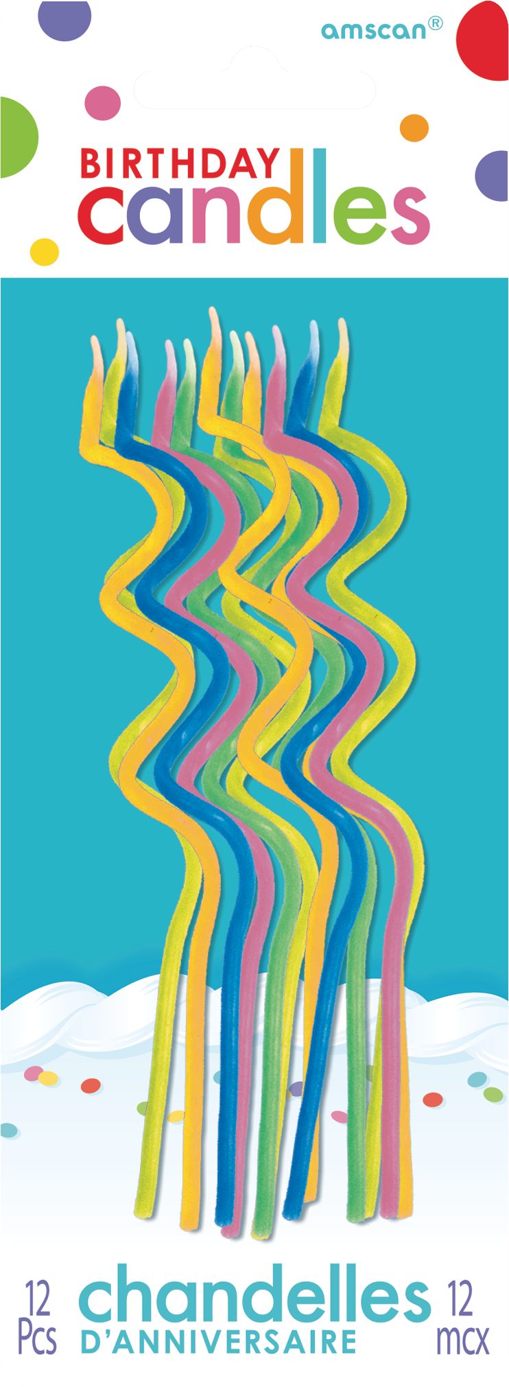 Bougies en cire torsadées, multicolore, 5 po, paq. 12, pour fête d'anniversaire Front_Flat