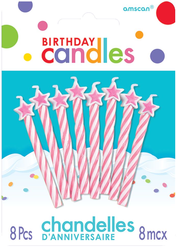 Spiral Wax Candles, Pink/White, Stars, 2.2-in, 8-pk, for Birthday Party Front_Flat