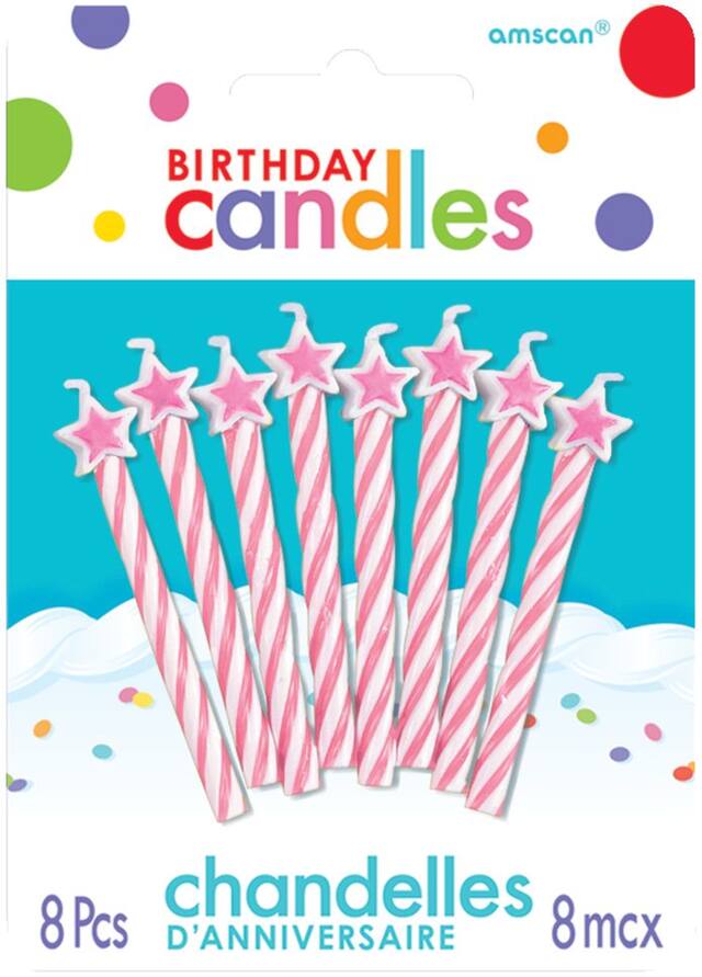 Spiral Wax Candles, Pink/White, Stars, 2.2-in, 8-pk, for Birthday Party Front_Flat
