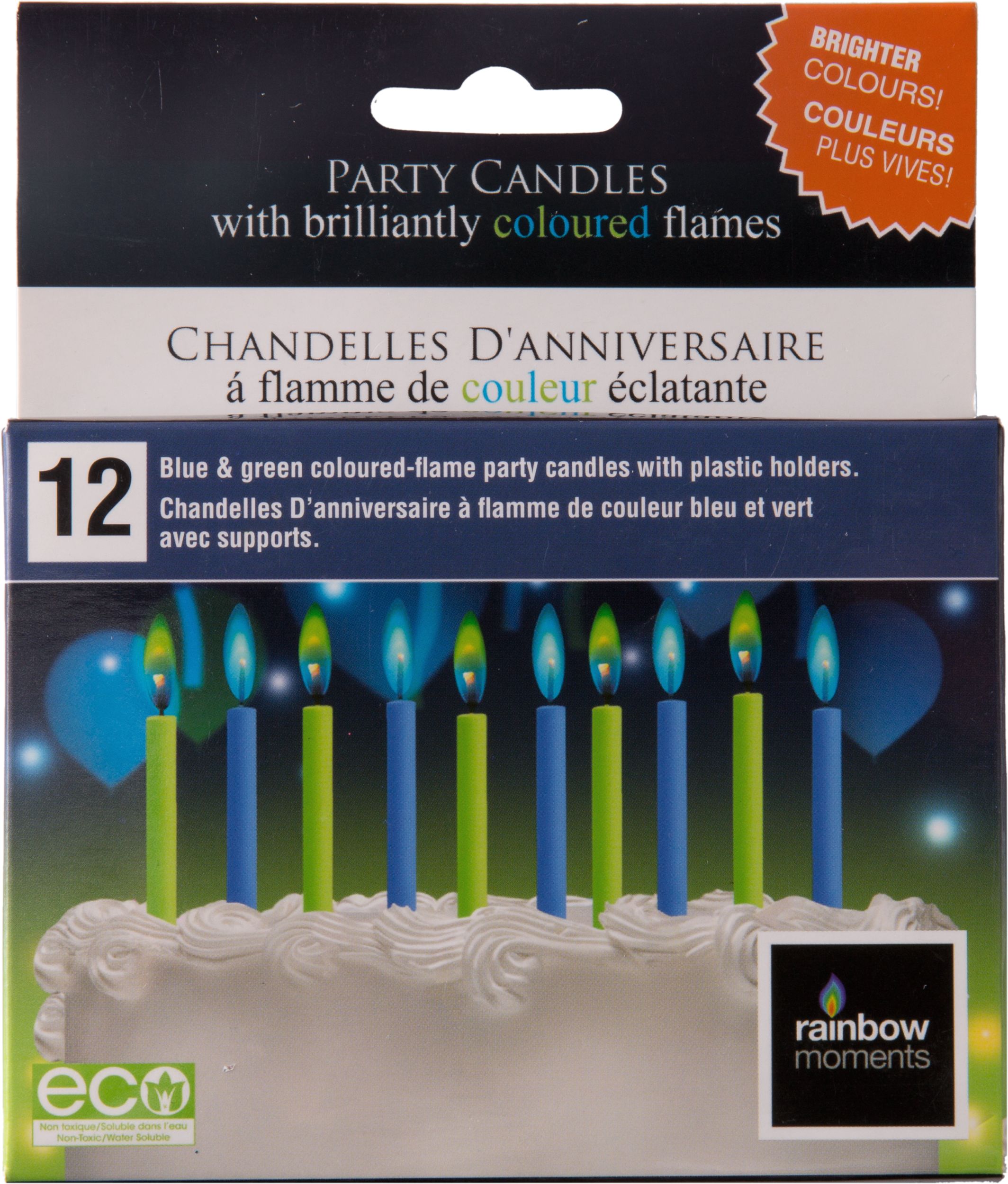 Bougies en cire à flamme colorée, vert/bleu, 2,25 po, paq. 12, pour fête d'anniversaire Front_Flat