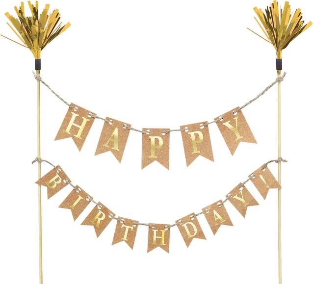 "Happy Birthday" Pennant Banner Cake Treat Topper, Gold, 12-in, for Birthday Party Front_Flat