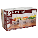Rectangle Reusable Buffet Set with Pans, Wire Racks, Serving Spoons, Serving Forks & Fuel Cans, Silver, 24 pack, for Birthday/Wedding/Anniversary Front_Three_Fourths_Angled_Right