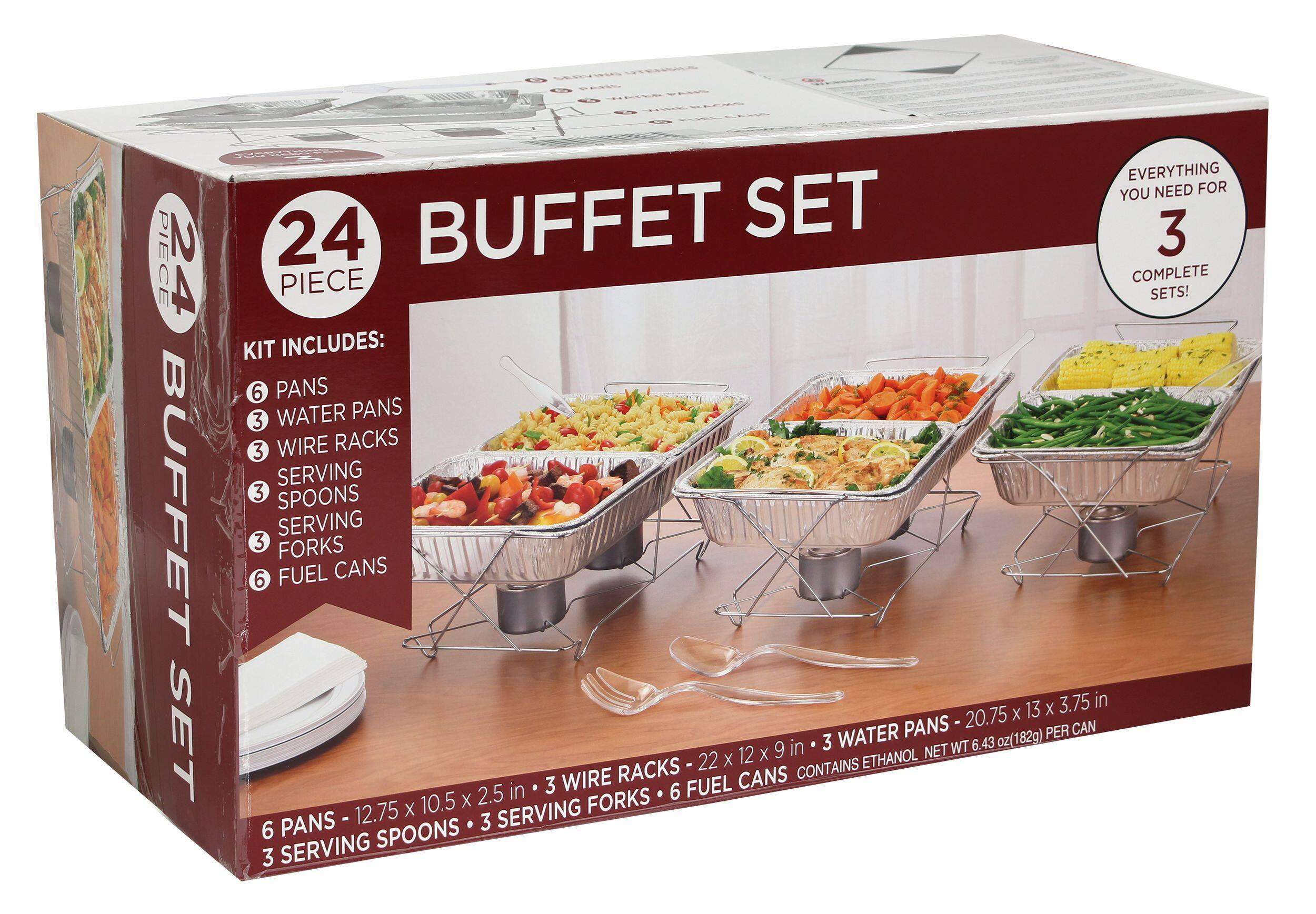 Rectangle Reusable Buffet Set with Pans, Wire Racks, Serving Spoons, Serving Forks & Fuel Cans, Silver, 24 pack, for Birthday/Wedding/Anniversary Front_Three_Fourths_Angled_Right