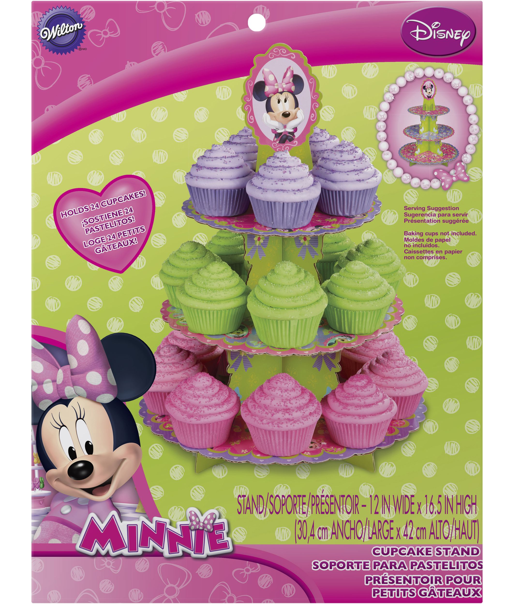 Disney Minnie Mouse Wilton 3-Tier Treat Stand, Pink/Purple, 11.7-16-in, for Treat Display Birthday Party Front_Flat