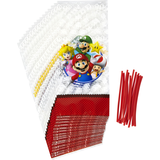 Wilton Nintendo Super Mario Bros Mario/Luigi/Princess Peach Rectangle Cello Treat Party Bags, Clear/Red, 10-in, 16-pk, for Birthday Party Composite_or_Mixed