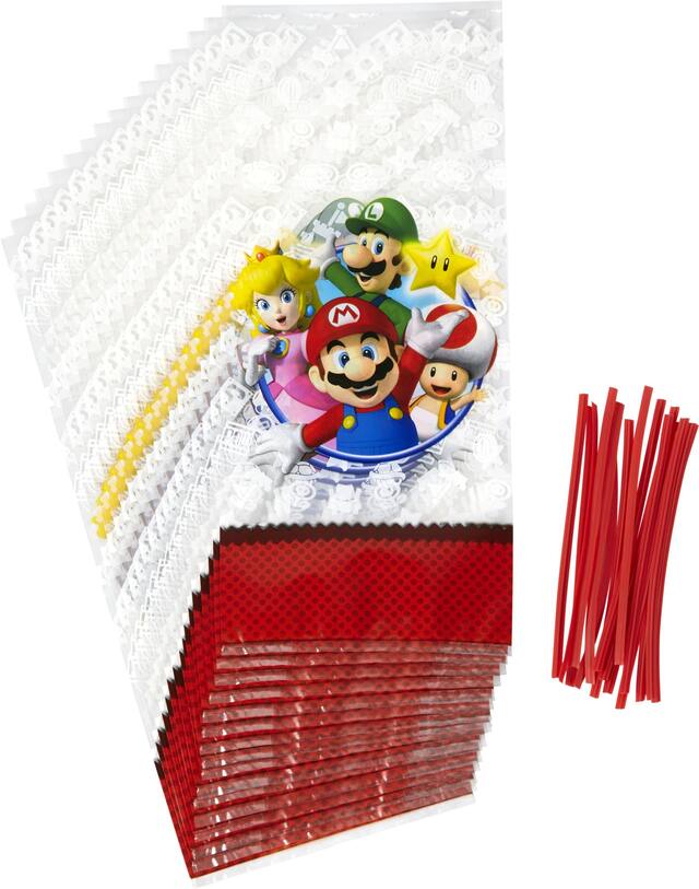 Wilton Nintendo Super Mario Bros Mario/Luigi/Princess Peach Rectangle Cello Treat Party Bags, Clear/Red, 10-in, 16-pk, for Birthday Party Composite_or_Mixed