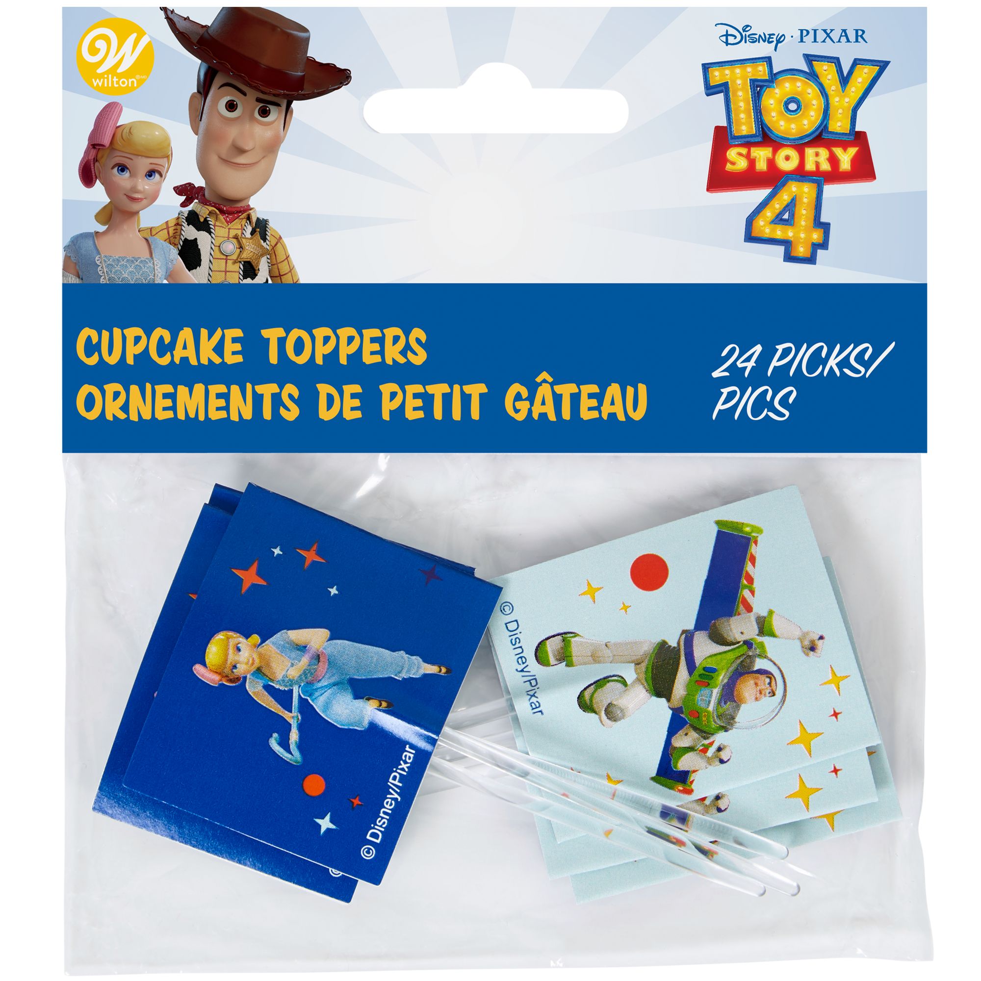 Cure-dents décoratifs pour friandises Wilton Disney Pixar Woody et Buzz Lightyear, bleu, 3 po, paq. 24, pour fête d'anniversaire Front_Flat