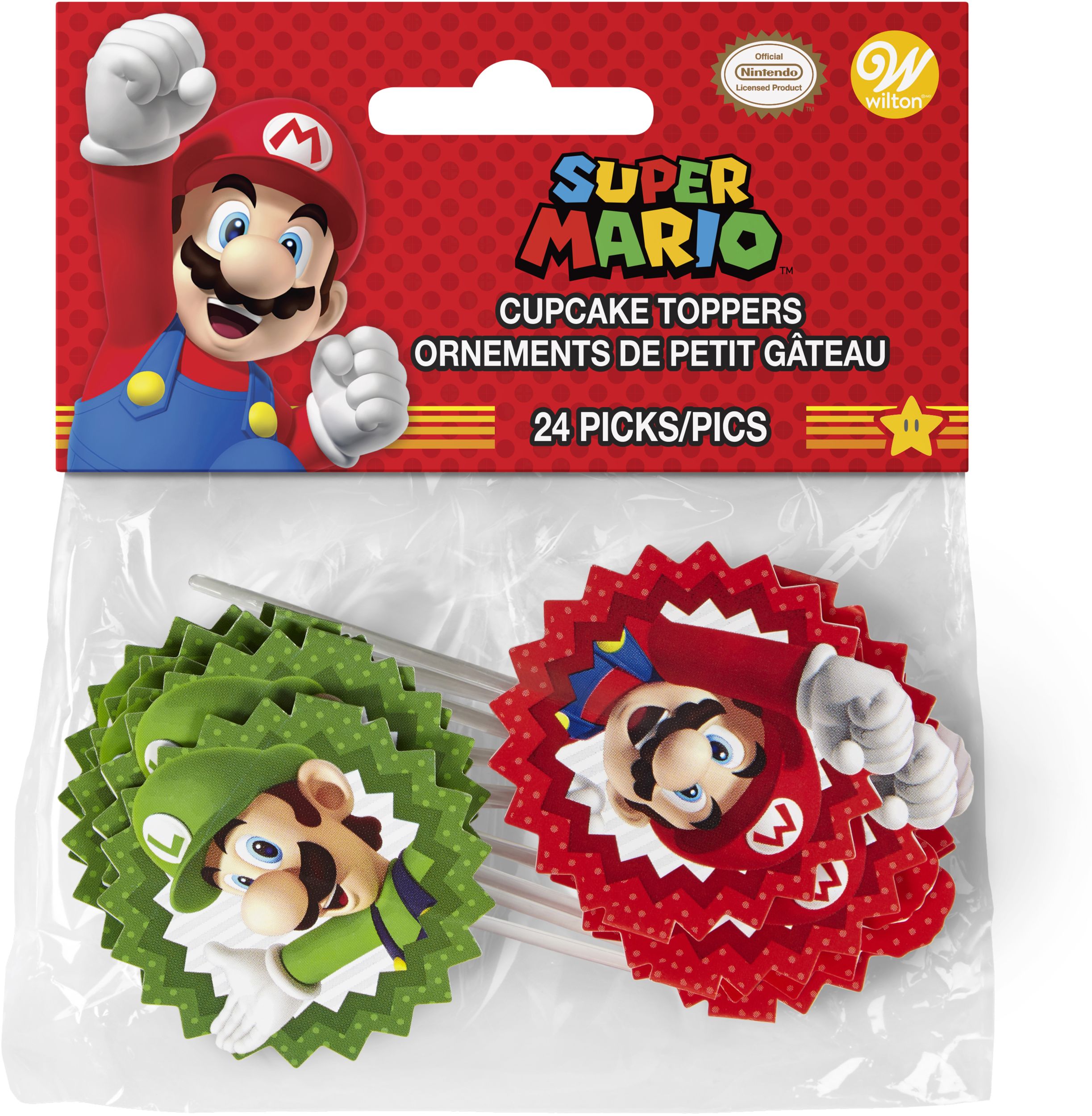 Wilton Nintendo Super Mario Bros Mario & Luigi Treat Party Picks, Green/Red, 3-in, 24-pk, for Birthday Party Front_Flat