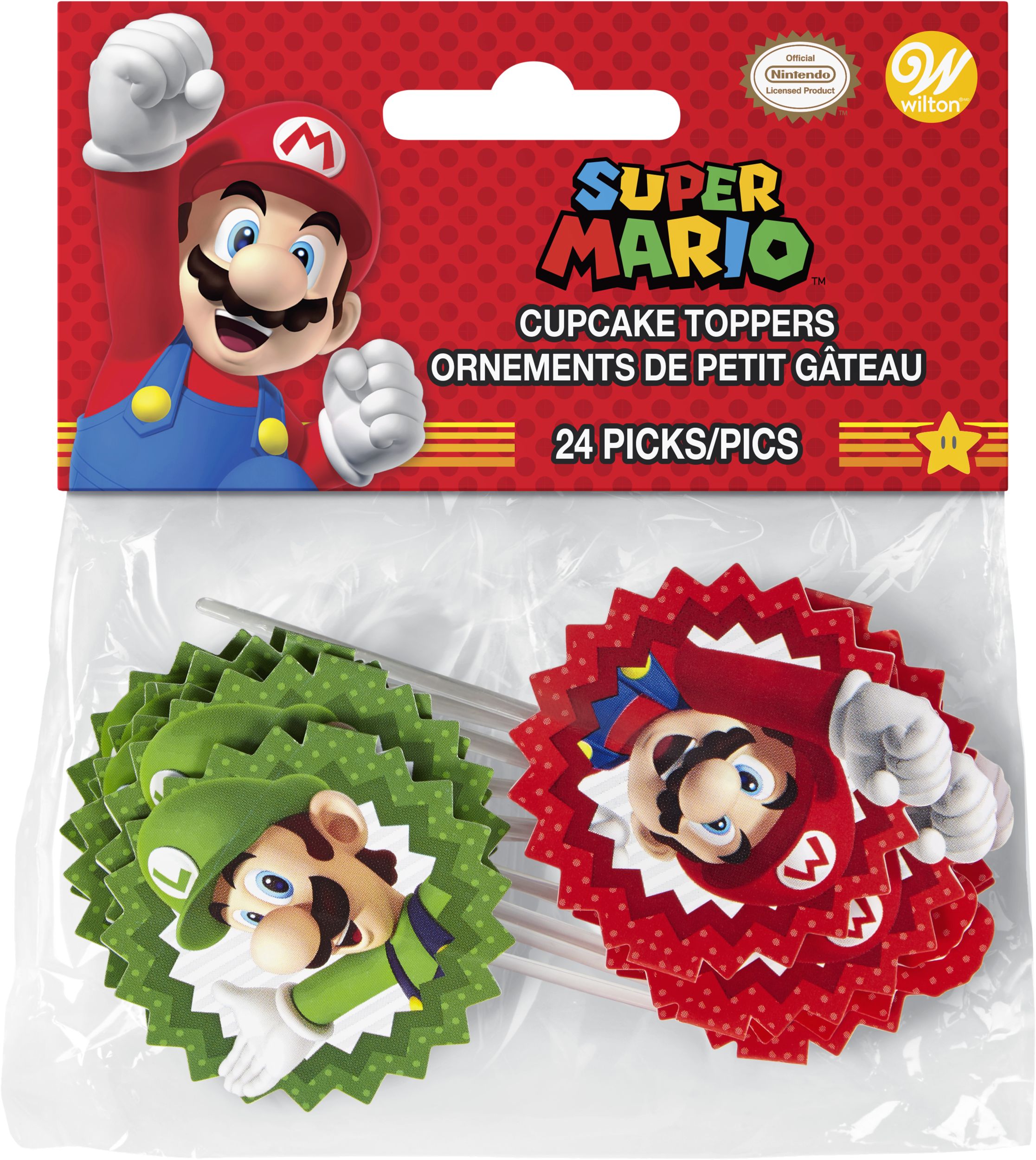 Wilton Nintendo Super Mario Bros Mario & Luigi Treat Party Picks, Green/Red, 3-in, 24-pk, for Birthday Party Front_Flat