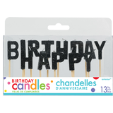 Bougies sur pique scintillantes lettres Happy Birthday, noir, 3 po, paq. 13, pour fête d'anniversaire Front_Flat