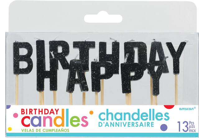 Bougies sur pique scintillantes lettres Happy Birthday, noir, 3 po, paq. 13, pour fête d'anniversaire Front_Flat