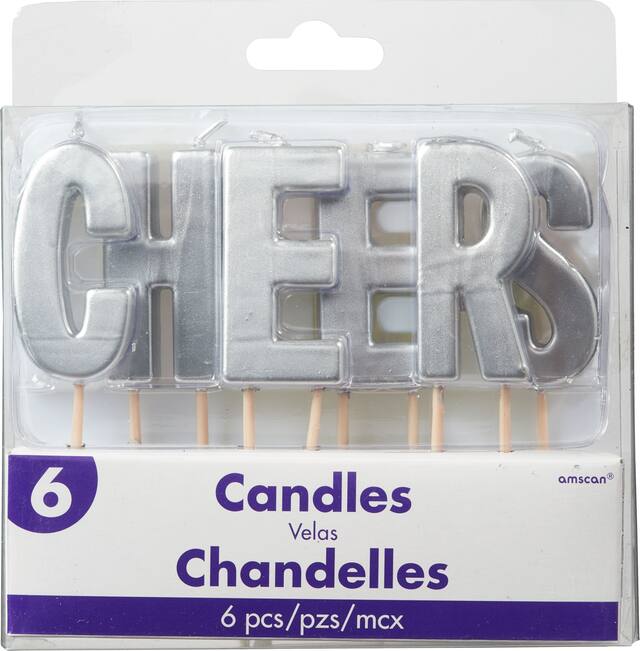 Ensemble de bougies sur pique Cheers, argent, paq. 6 Front_Flat