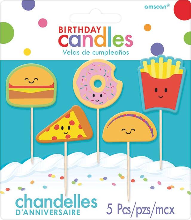 Bougies d'anniversaire sur pique nourriture, paq. 5 Front_Flat