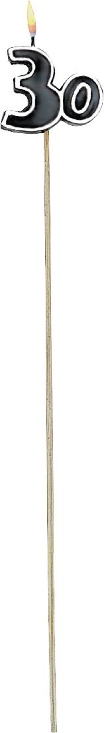 "30" Number Toothpick Candle, Black/White, 9.5-in, 6-pk, for Birthday Party/Anniversary Front_Flat