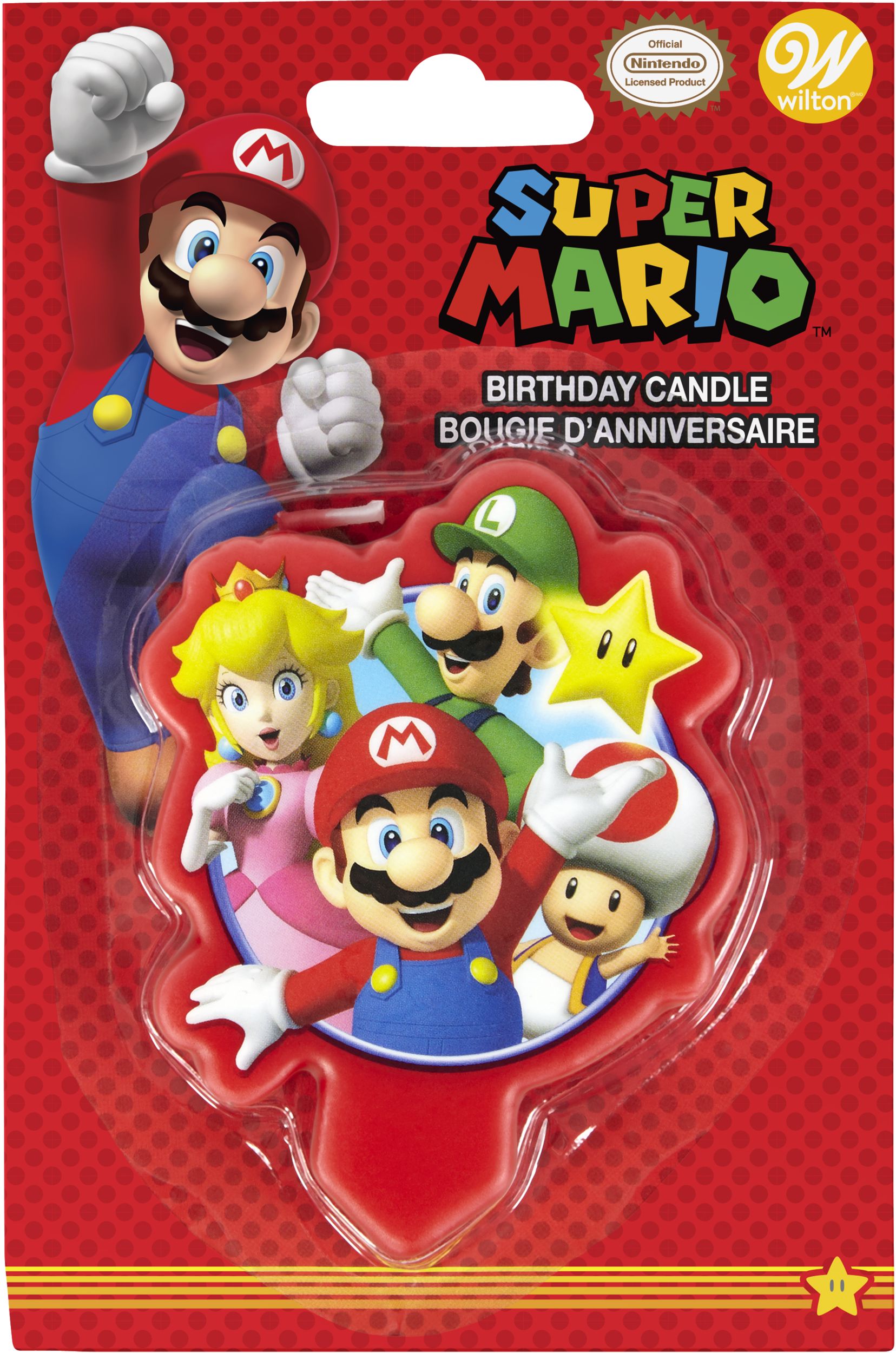 Nintendo Super Mario Bros Luigi/Mario/Princess Peach Wilton Wax Candle, Red/Blue/Yellow, 5.8-in, for Birthday Party Front_Flat