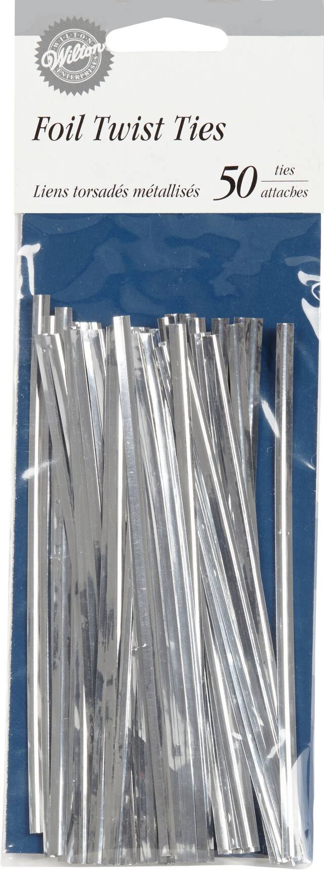 Wilton Rectangle Foil Twist Ties for Treat Party Favor Bags Silver, 5-in, 50-pk, for Birthday Party Front_Flat