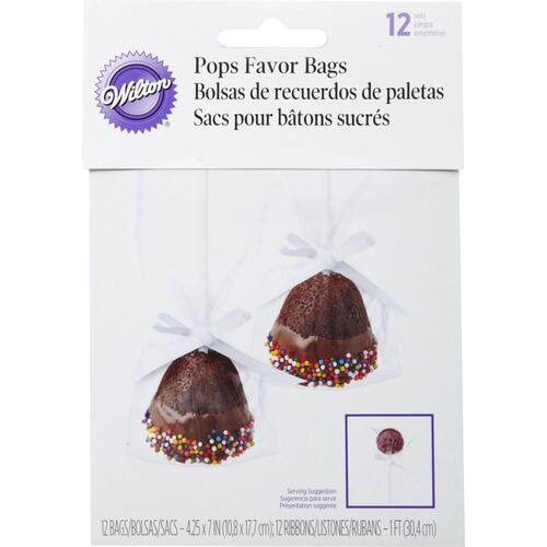 Wilton Rectangle Cello Cake Pop Single Treat Bag Kit with Ribbons, Clear, 7-in, 12-pk, for Birthday Party