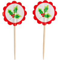 Décorations pour petits gâteaux houx sur pics, paq. 36 Front_Flat