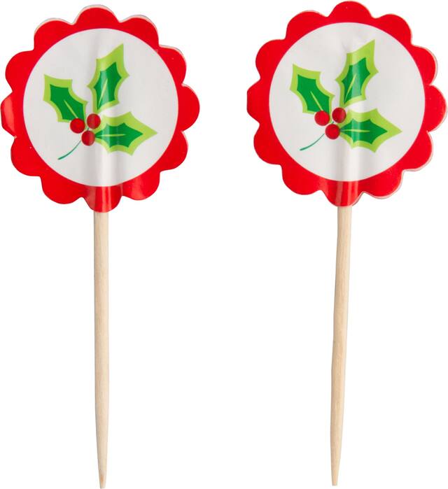 Décorations pour petits gâteaux houx sur pics, paq. 36 Front_Flat