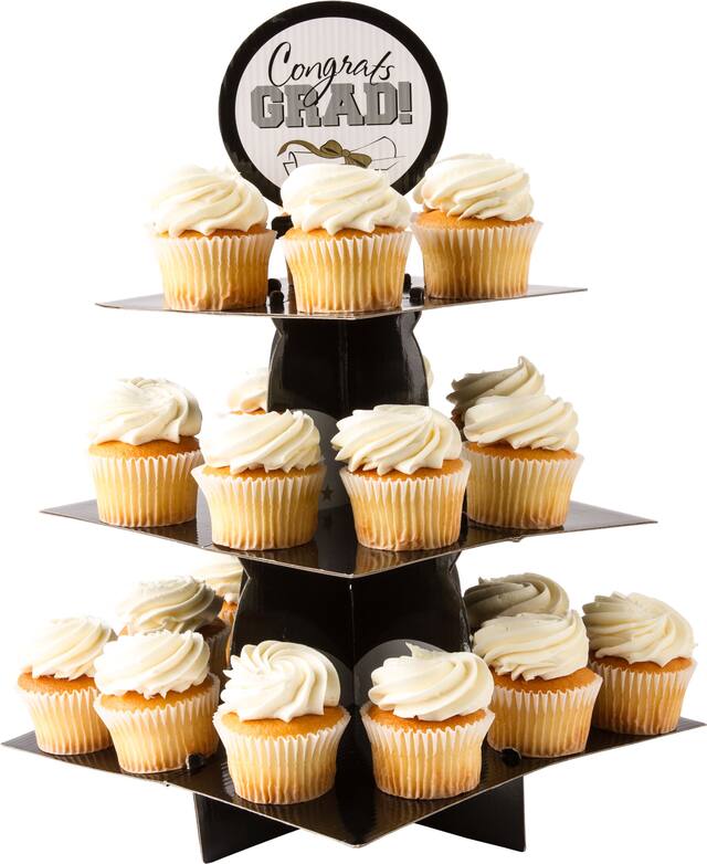 Graduation Cupcake Stand, Black/Gold/Silver Front_Elevated
