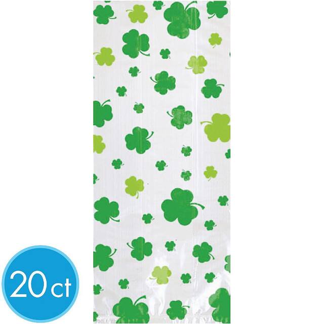Cello Transparent Bags, Clear/Green, Shamrock, 11.5-in, 20-pk, for St. Patrick's Day Front_Flat