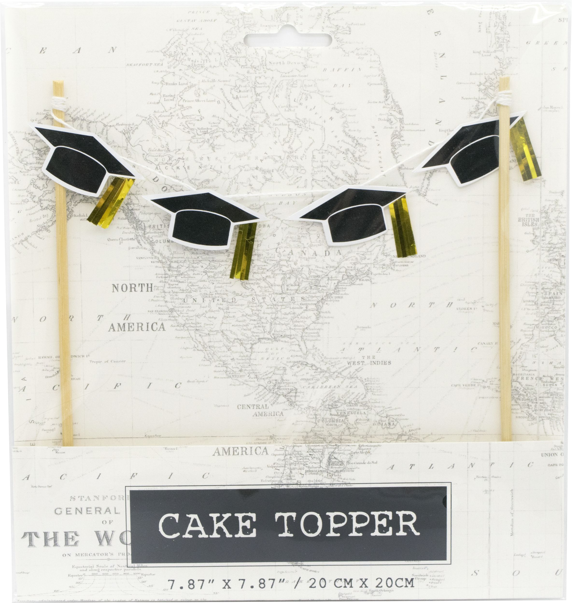 Graduation Cap Banner Cake Treat Topper, Black/Gold, 7.75-in, for Graduation Front_Flat