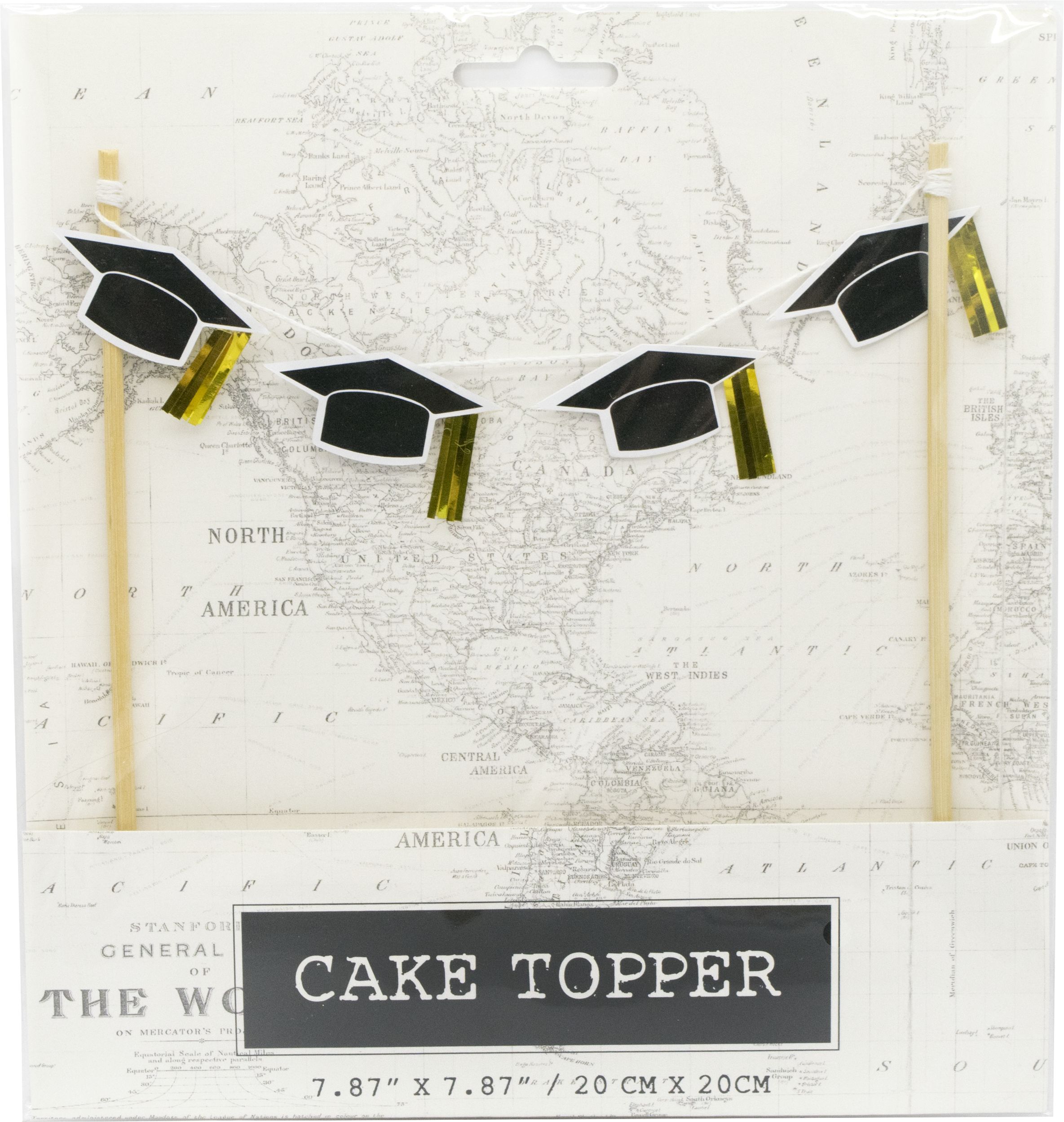 Graduation Cap Banner Cake Treat Topper, Black/Gold, 7.75-in, for Graduation Front_Flat