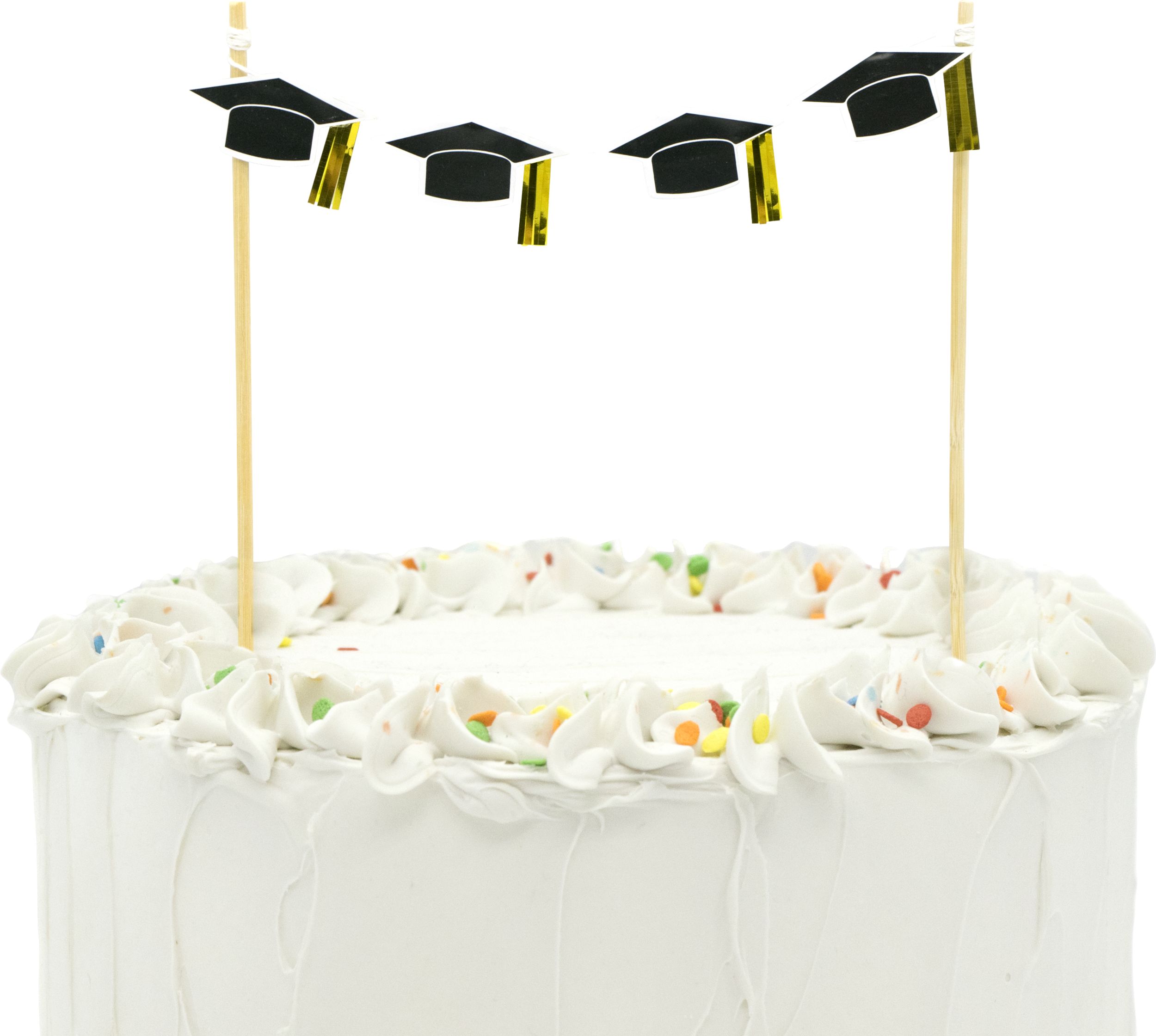 Graduation Cap Banner Cake Treat Topper, Black/Gold, 7.75-in, for Graduation Front_Flat