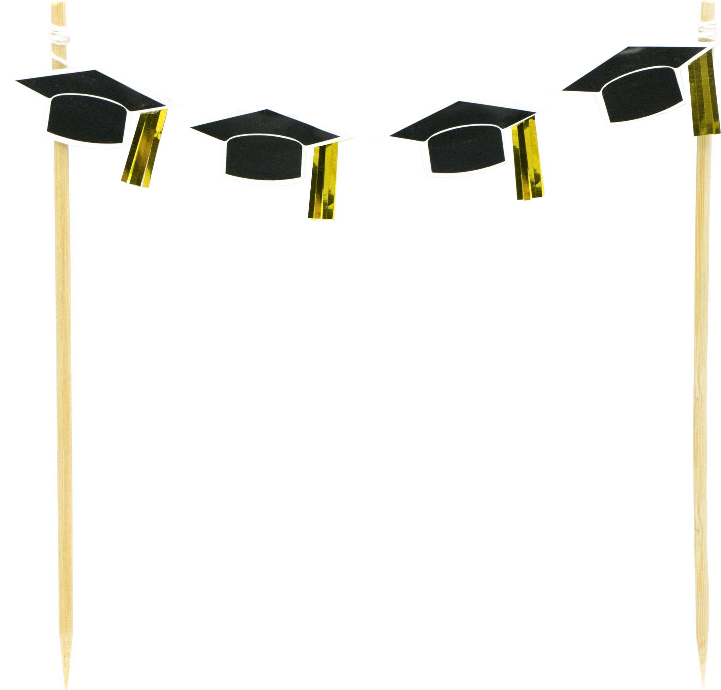Graduation Cap Banner Cake Treat Topper, Black/Gold, 7.75-in, for Graduation Front_Flat