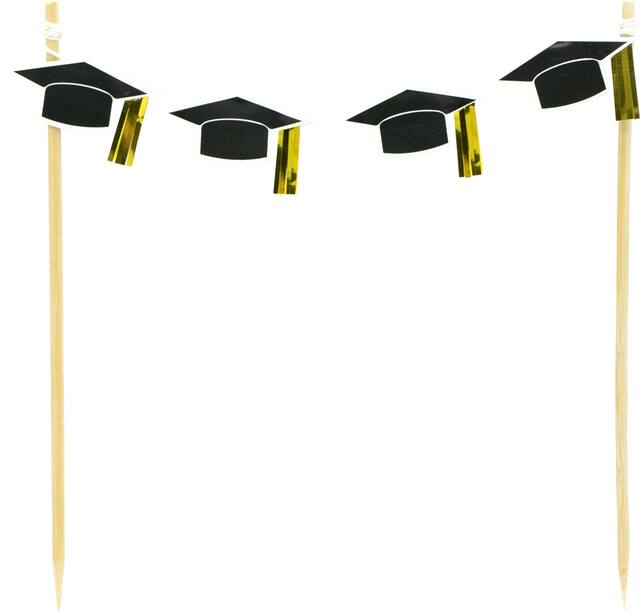 Graduation Cap Banner Cake Treat Topper, Black/Gold, 7.75-in, for Graduation Front_Flat