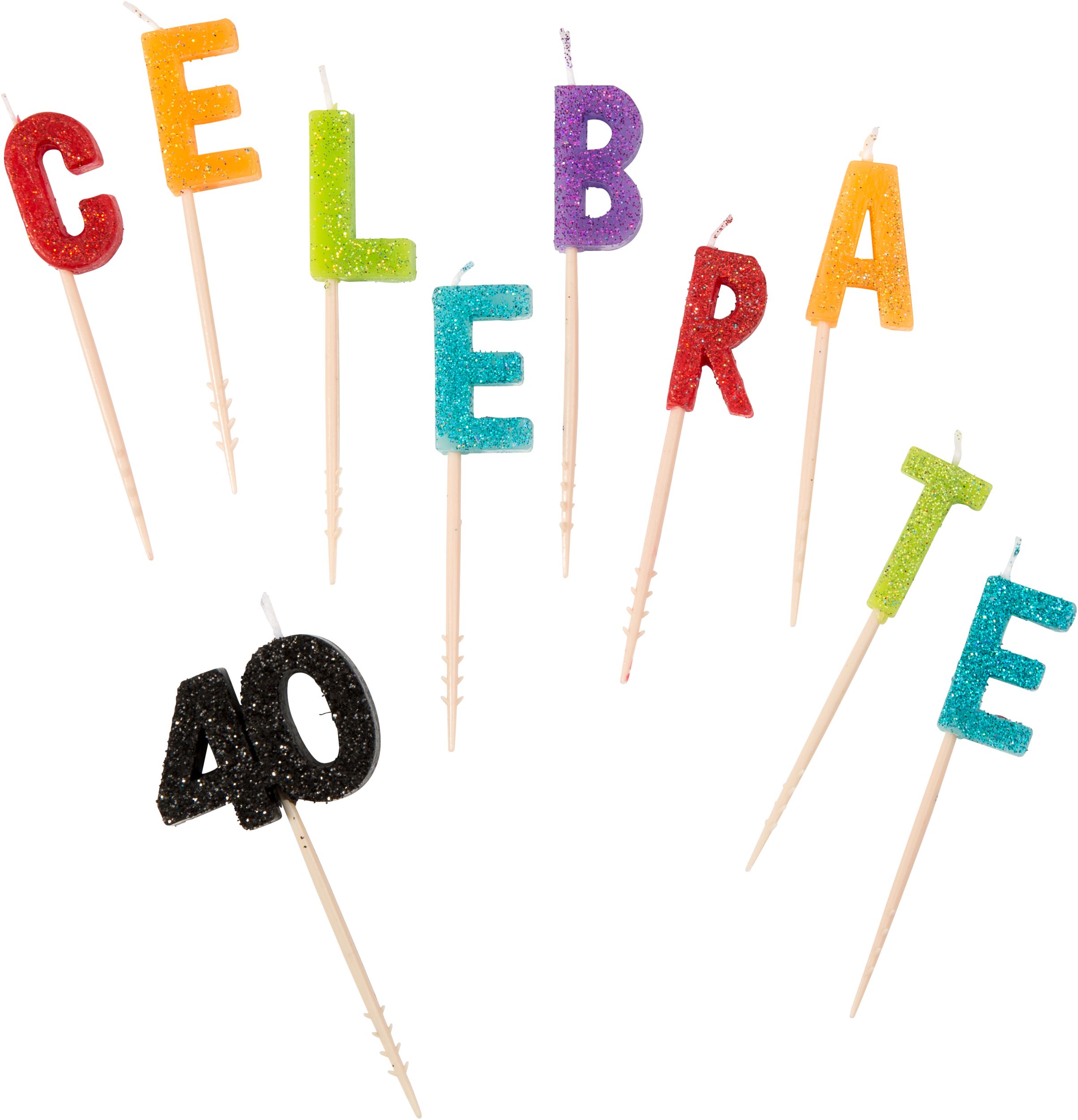 Bougies d'anniversaire étincelantes sur pique Celebrate 40, paq. 10 Front_Flat