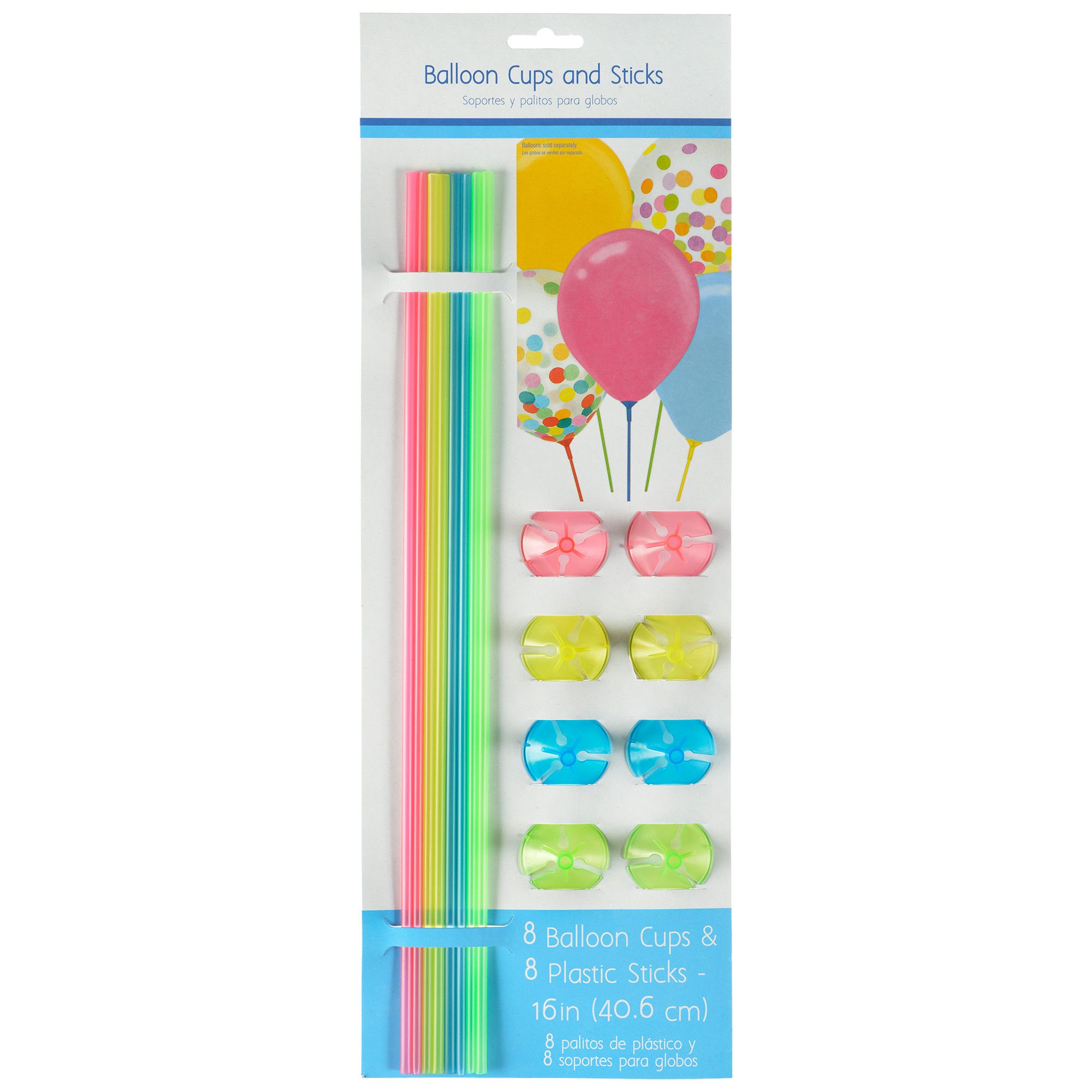 Balloon Sticks with Cups, Pink/Yellow/Blue/Green, 16-in, 8-pk, for Birthday/New Year's Eve/Graduation Front_Flat