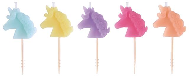 Bougies sur pique en cire licorne, couleurs pastel, 2,5 po, paq. 5, pour fête d'anniversaire Front_Flat