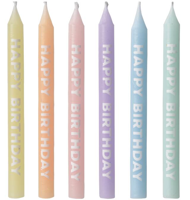 "Happy Birthday" Wax Candles, Pastel Colours, 3.25-in, 12-pk, for Birthday Party Front_Flat